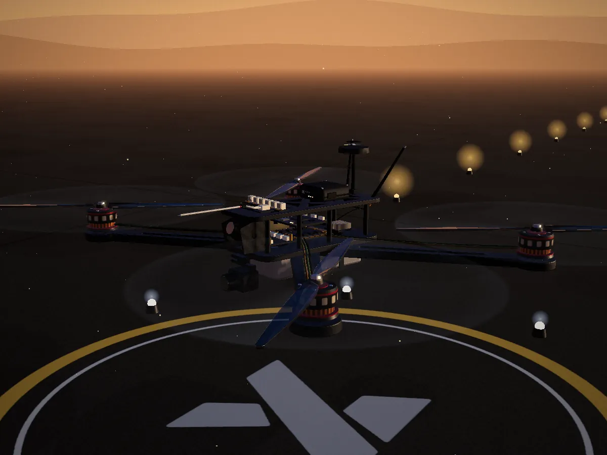 A Nexospark drone hovering over the landing pad at sunrise